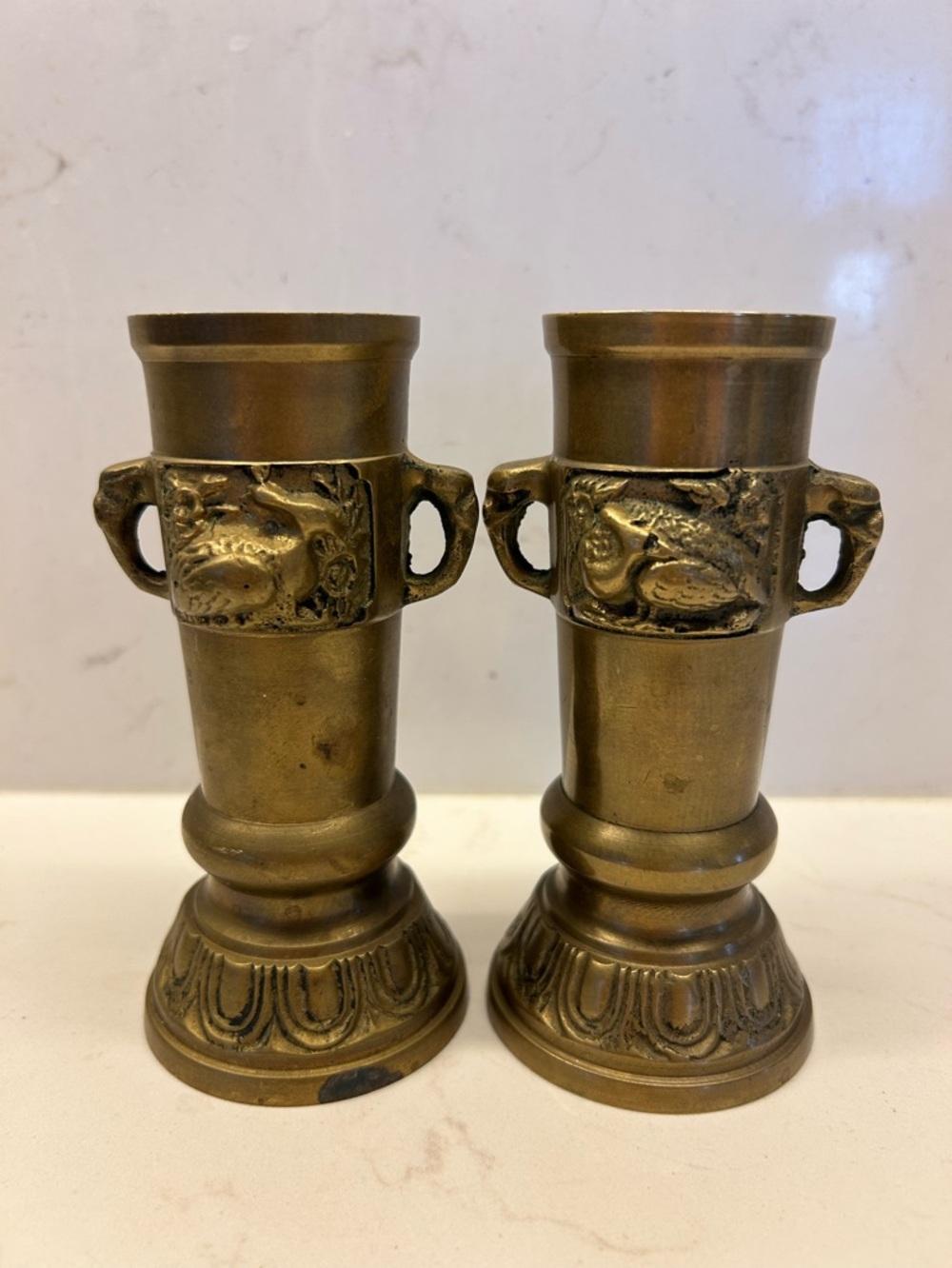 Vintage Brass Decorative Pair Vases / candleholders -Relief & Birds motif 3x5